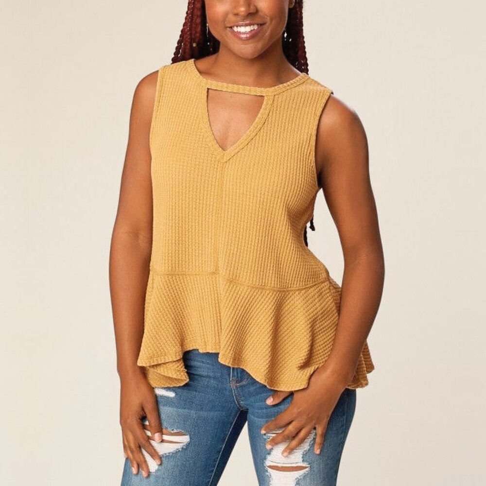 Others Follow Thermal Waffle Knit Textured Cut-Out Peplum Hem Tank Top in Yellow - Picture 14 of 14
